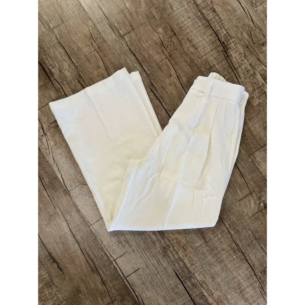FUNYYZO White Wide Leg Trousers Pleated High‎ Waist Dress Pants Womens XS Short